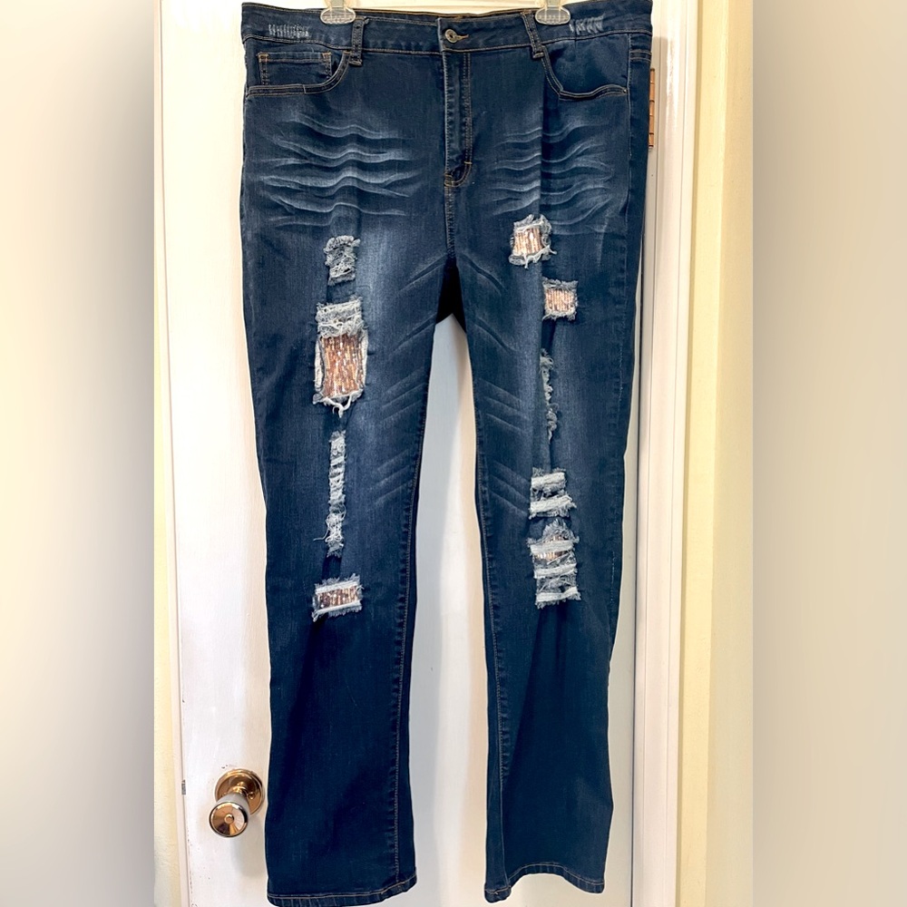 Lucky Blessed L&B Denim Stretch Jeans Distressed Embellished Sequin Plus Size 20
